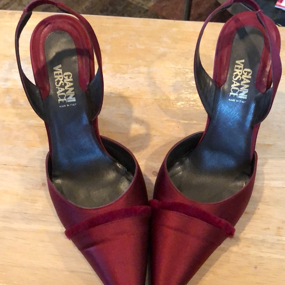 Versace red silk evening shoes